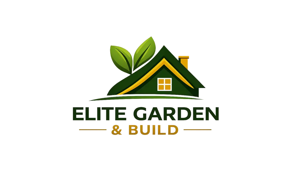 Official Elite Garden & Build logo featuring stylized green house graphics and company branding.