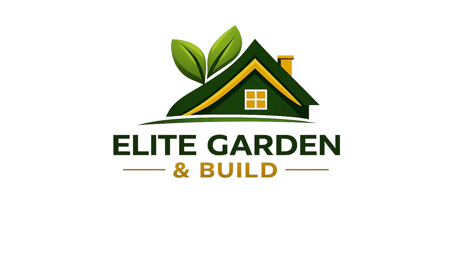 Official Elite Garden & Build logo featuring stylized green house graphics and company branding.