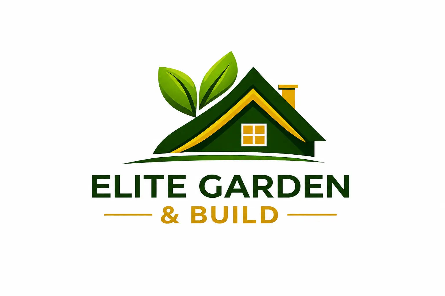 Official Elite Garden & Build logo featuring stylized green house graphics and company branding.
