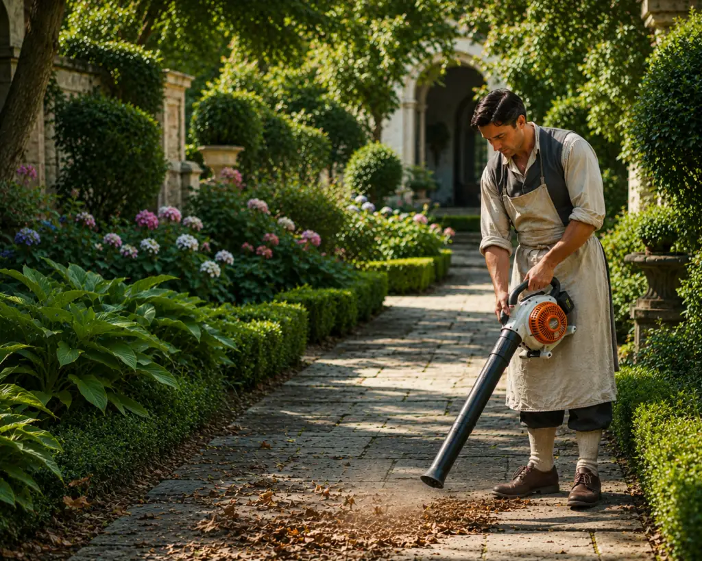 Professional garden maintenance with a gardener using a leaf blower on a landscaped pathway.
