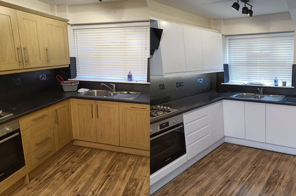 Modern kitchen refurbishment with contemporary cabinets, worktops, and flooring installation.