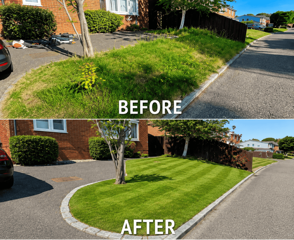 Before and after lawn care and lawn maintenance services by Elite Garden & Build in Slough.
