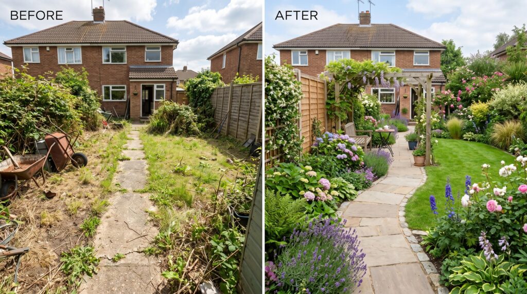 Overgrown back garden before a complete landscaping transformation by Elite Garden & Build.