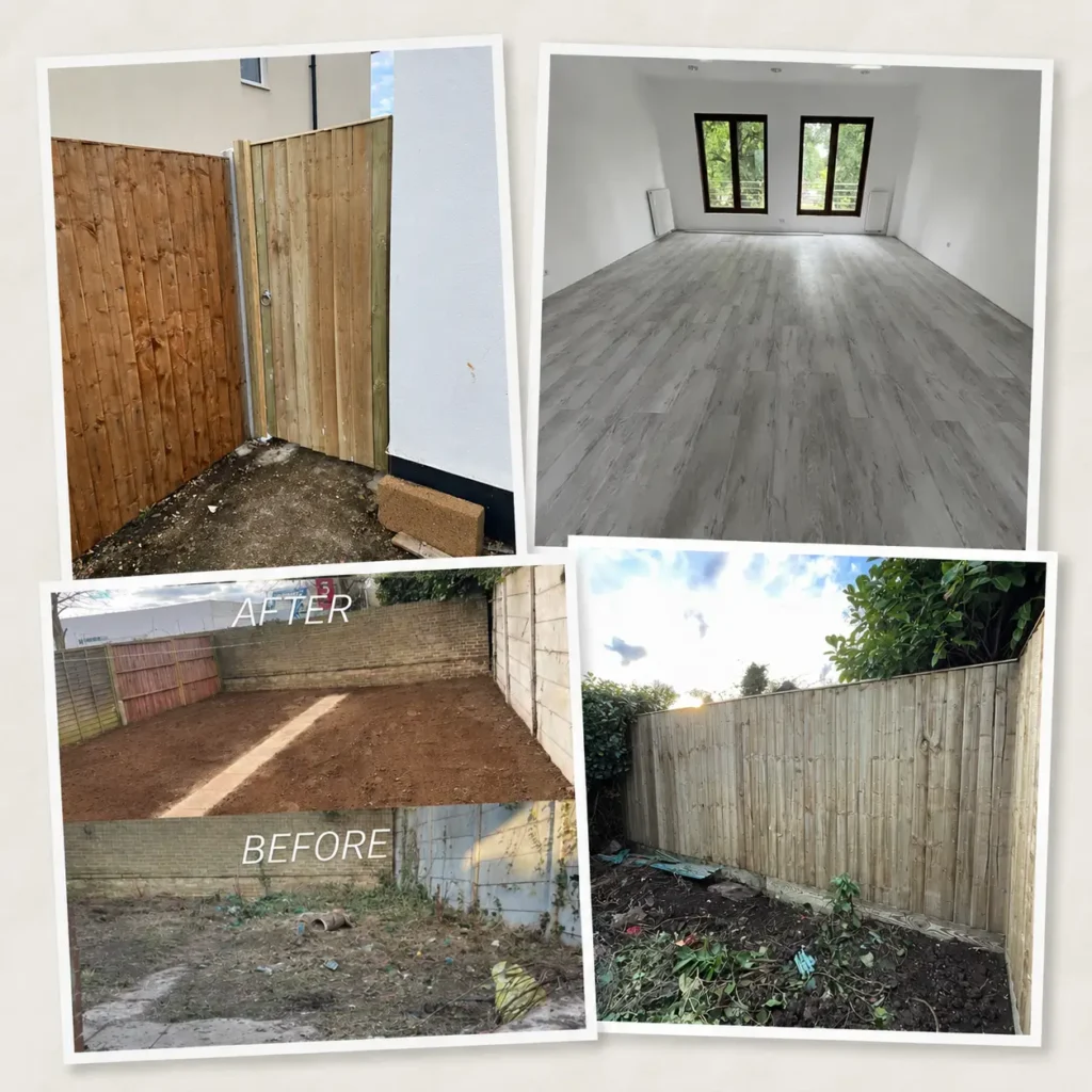 Four-panel image showcase featuring wooden fence repair, newly installed grey patio paving, and back garden renovation progress by Elite Garden & Build.
