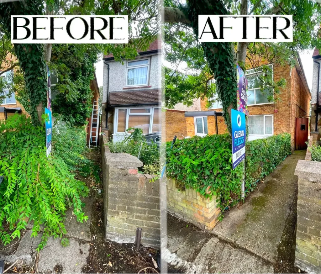 Before and after front garden landscaping transformation with hedge trimming and pathway improvements in Slough.