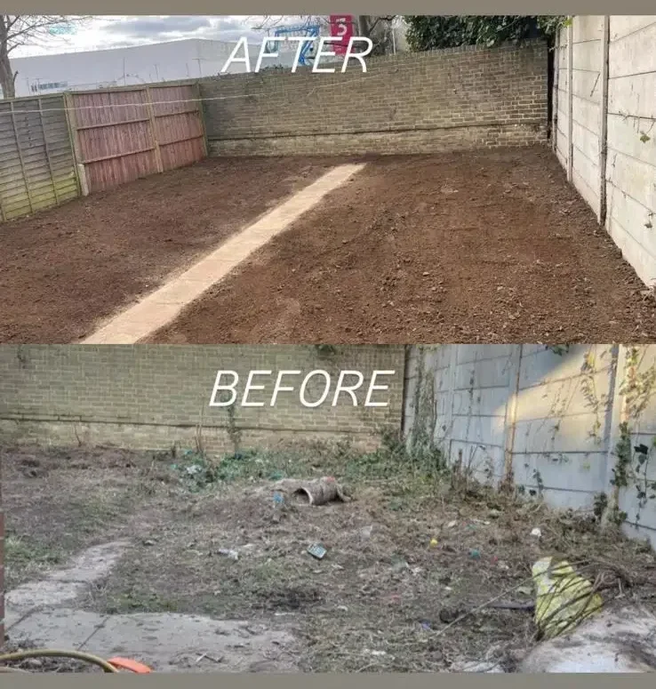 Before and after garden transformation showing professional landscaping and lawn installation