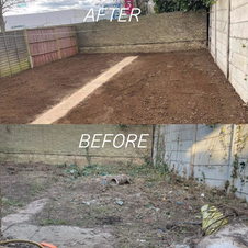 Before and after garden transformation showing professional landscaping and lawn installation.