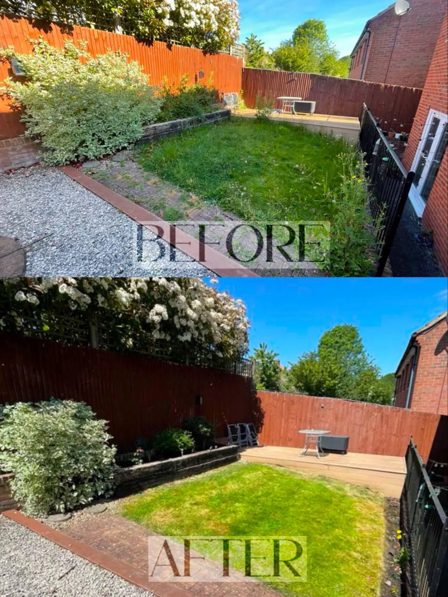 Before and after residential garden makeover with new planting and improved lawn.