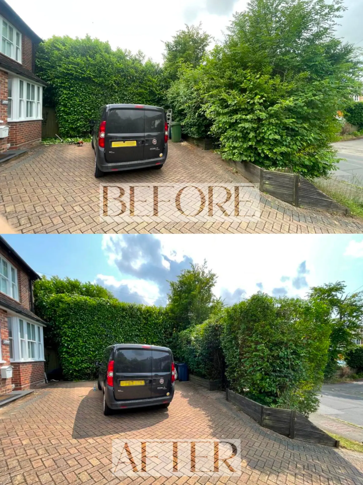 Block paved driveway and patio entrance surrounded by manicured shrubs and residential home front