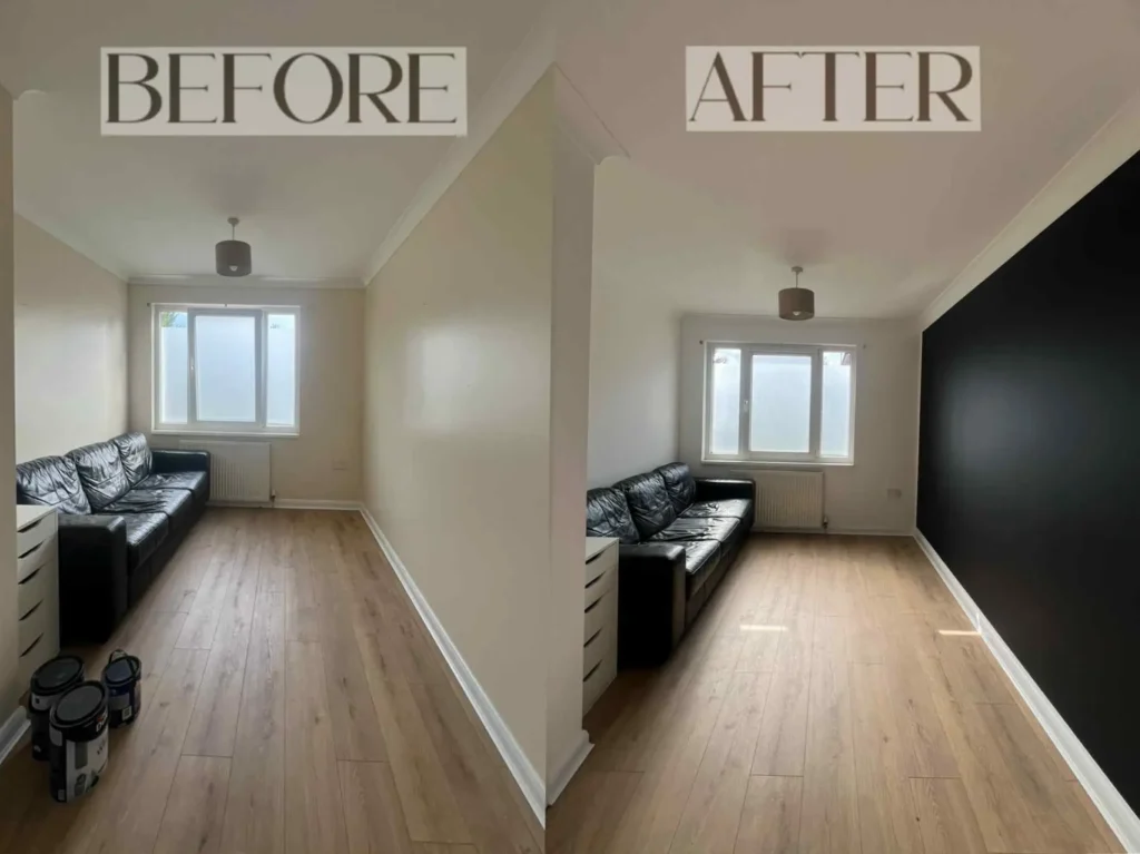 Before and after interior house renovation showing a modern refurbished living room.