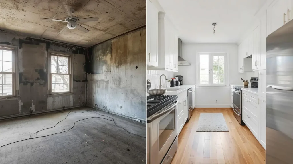 Before and after complete home renovation showing a modern refurbished interior in Slough.