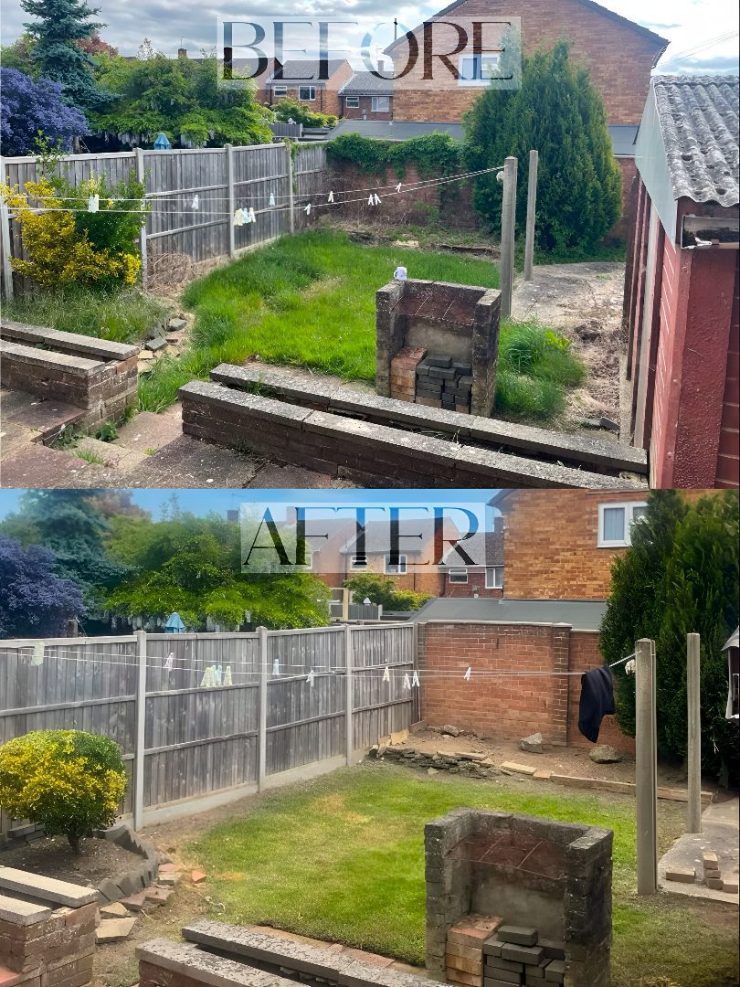 before and after garden landscaping showing lawn improvement and garden clearance in Slough