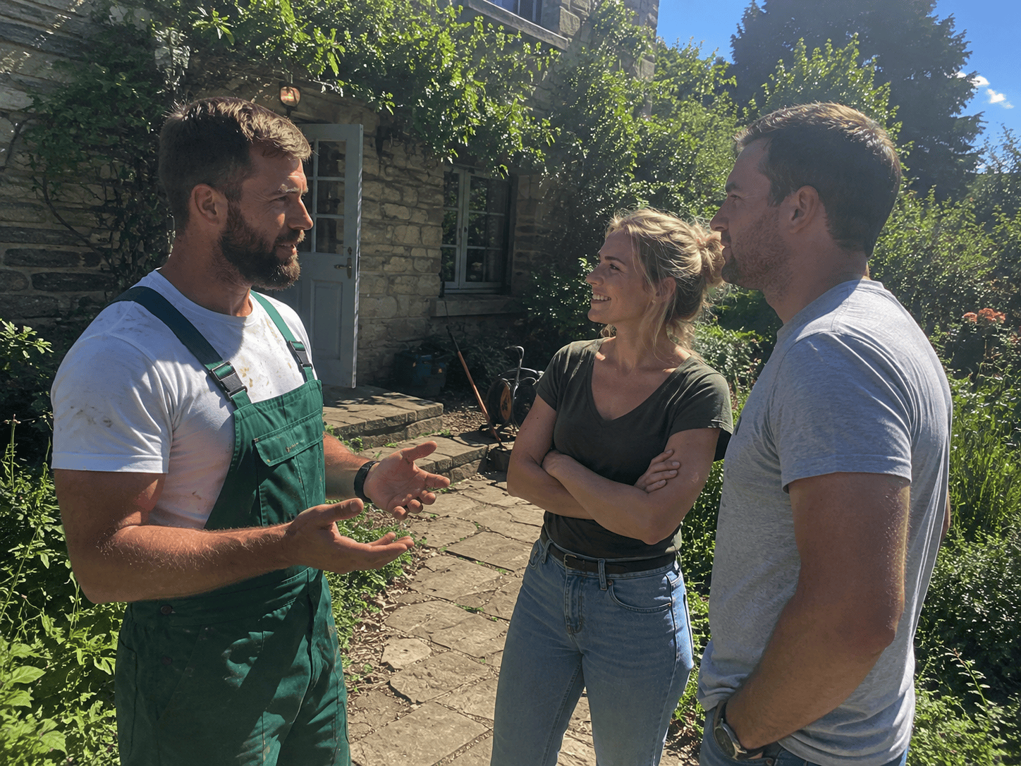 professional landscaper discussing garden project with homeowners