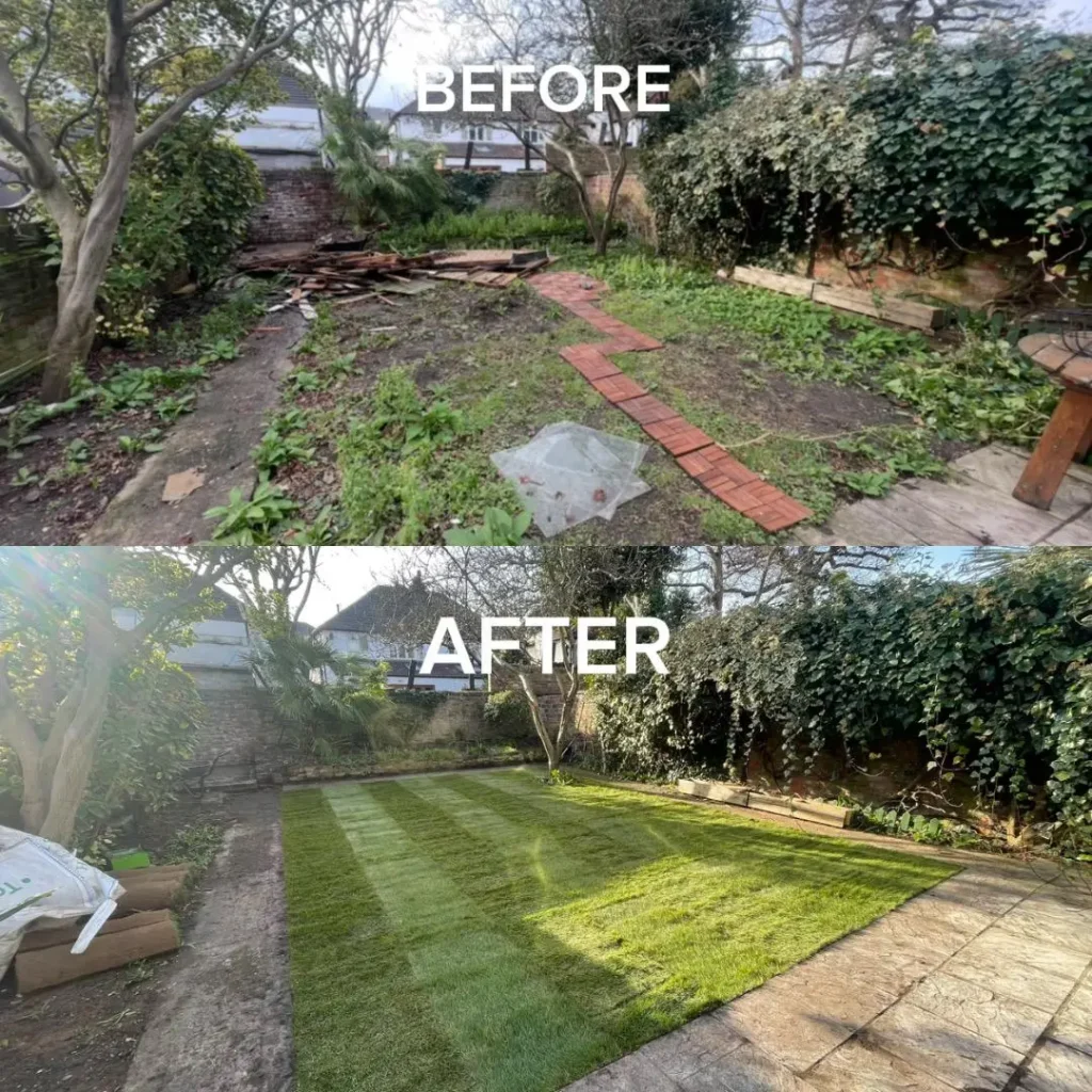 Garden lawn and outdoor area before and after professional maintenance in Slough