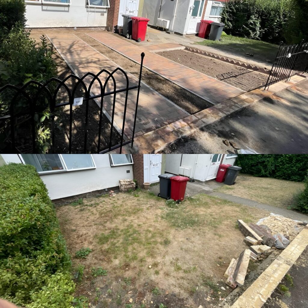 Natural stone patio paving installation in a landscaped garden Title: