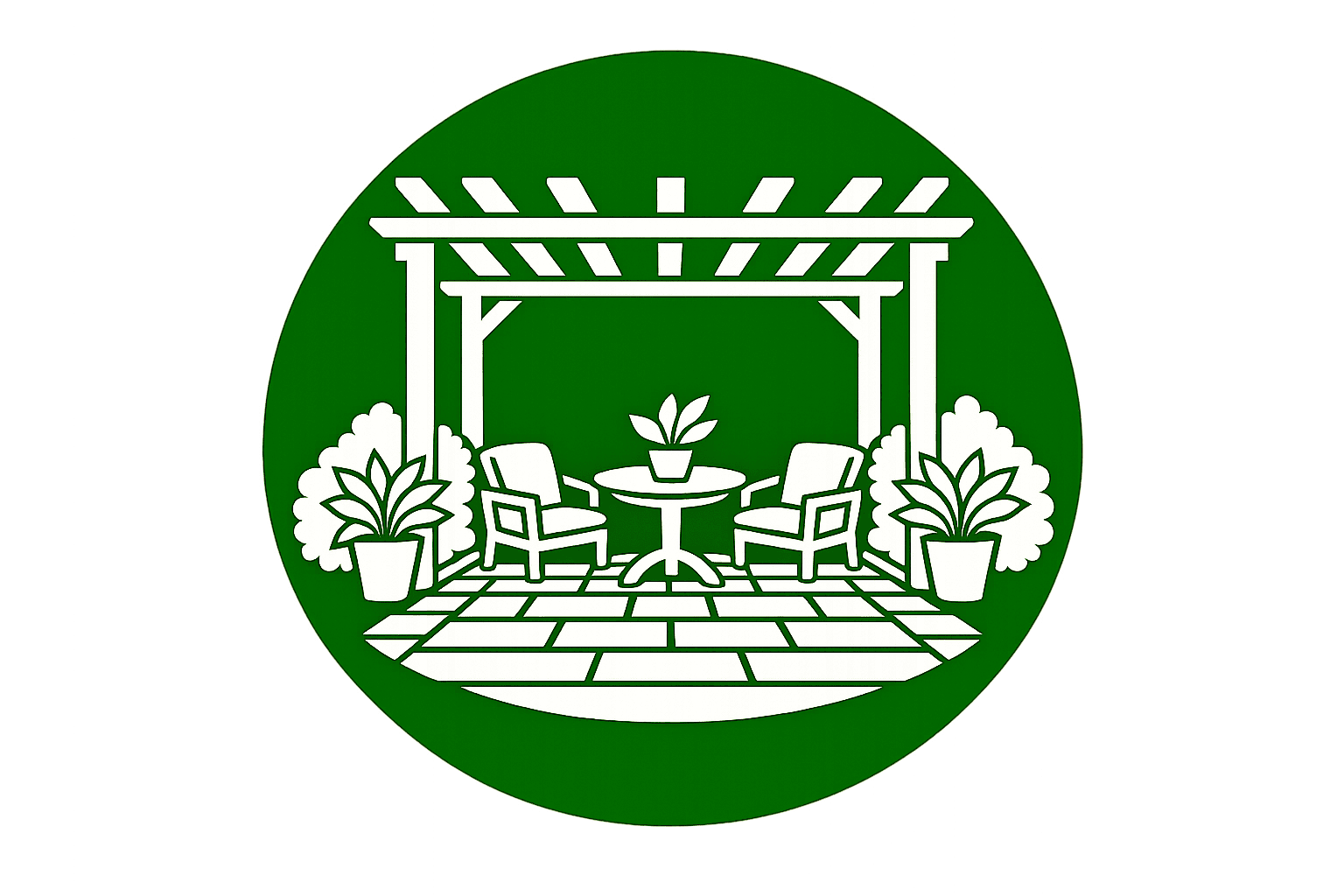 Patio installation logo with pergola, paving and garden seating